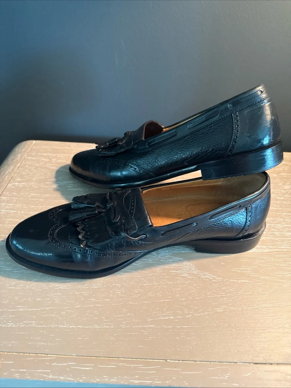 Johnston & Murphy Cellini Black Leather Tassel Loafer Shoes Men's 10 M Wingtip